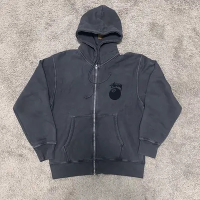 STU 8Ball Pig. Dyed Zip Hoodie BLACK