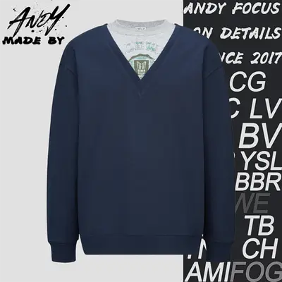 💰(290CNY)Faux Two-Piece Printed Embroidered V-Neck Sweatshirt Item ID:10001908-S