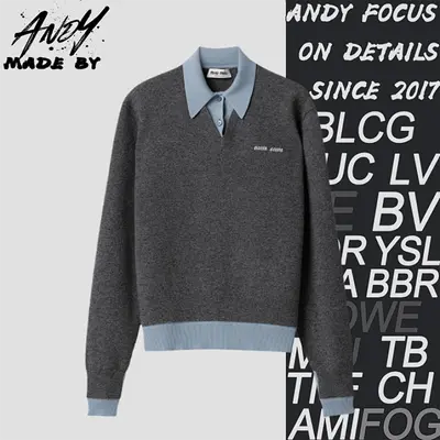 💰(330CNY)Jacquard logo faux two-piece cashmere knit polo long-sleeved top Item ID:10004249