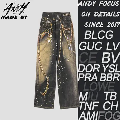 💰(360CNY)AS 1981M Black & Gold Chain Print Denim Trousers Item ID:20005975