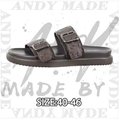 💰(250CNY)Men's Brown Cowhide Ostrich Pattern Round Toe Slip-on Sandals with Buckle Item ID:310351