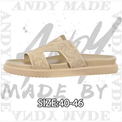 💰(260CNY) Embossed Cow Leather Slide Sandals — Men's Khaki Item ID:310363