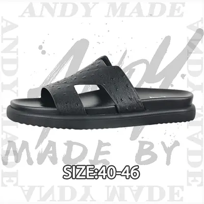💰(260CNY) Embossed Cowhide Slide Sandals — Men's Black Ostrich Leather Style Item ID:310364