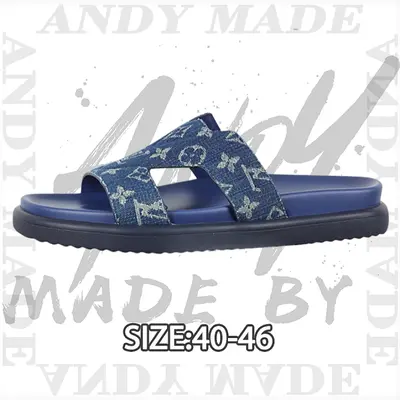 💰(260CNY) Men's Embossed Cow Leather Slide Sandals — Blue Denim Style Item ID:310365