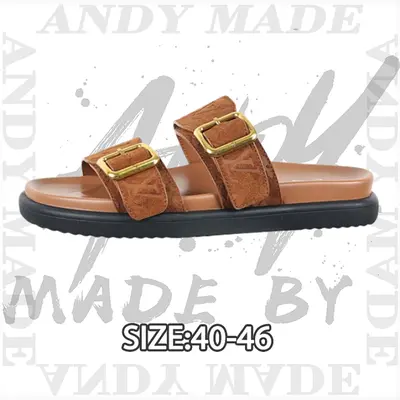 💰(250CNY) Cow suede embossed buckle round toe slippers men's coffee color Item ID:310413