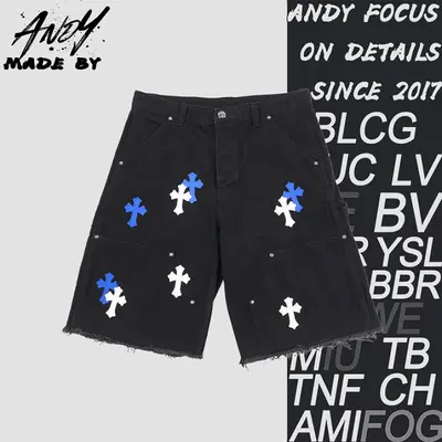 💰(200CNY)Cross Leather Patch Embroidered Workwear Denim Shorts Item ID:210142