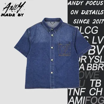 💰(230CNY) Navy Blue Pocket Embroidered Logo Denim Short-Sleeve Shirt Item ID:110836