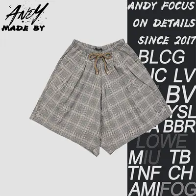 💰(220CNY) Linen Plaid Drawstring Wide-Leg Cropped Shorts Item ID:210256