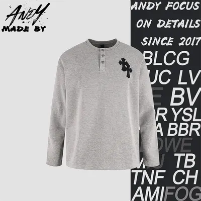 💰(310CNY) Cross Patch Waffle Henry Collar Long Sleeve - Gray Item ID:111132